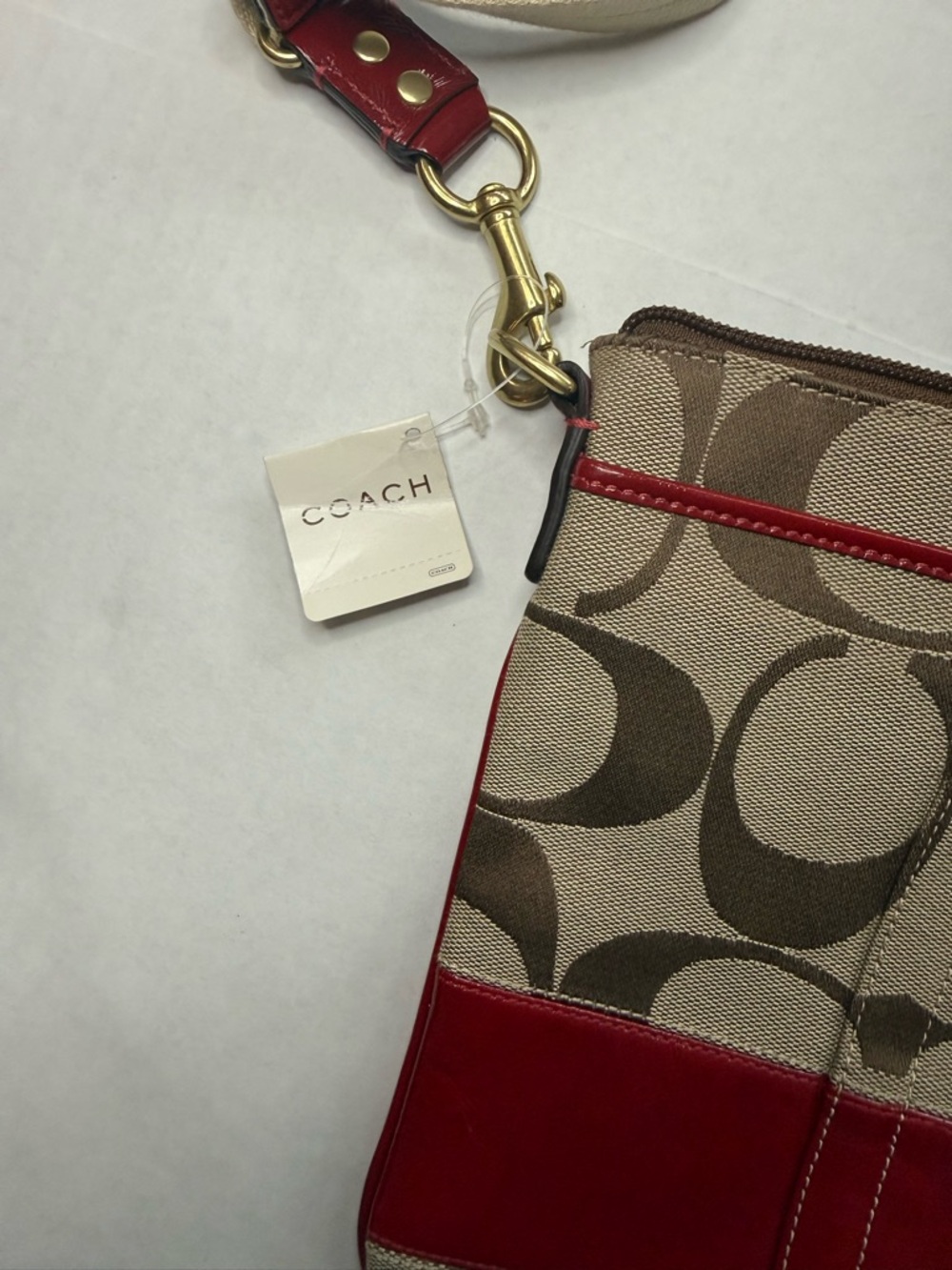 NWT Coach Signature Brown Canvas Crossbody Burgundy Red Stripe Leather Bag - Picture 4 of 8